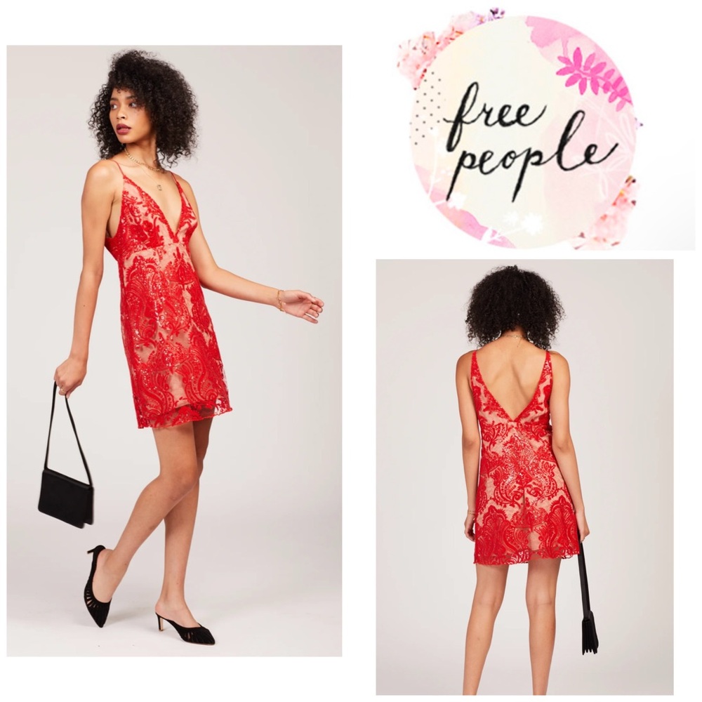 FREE PEOPLE Red Night Shimmers  Embroidered Sequins Lace Mini Dress 8